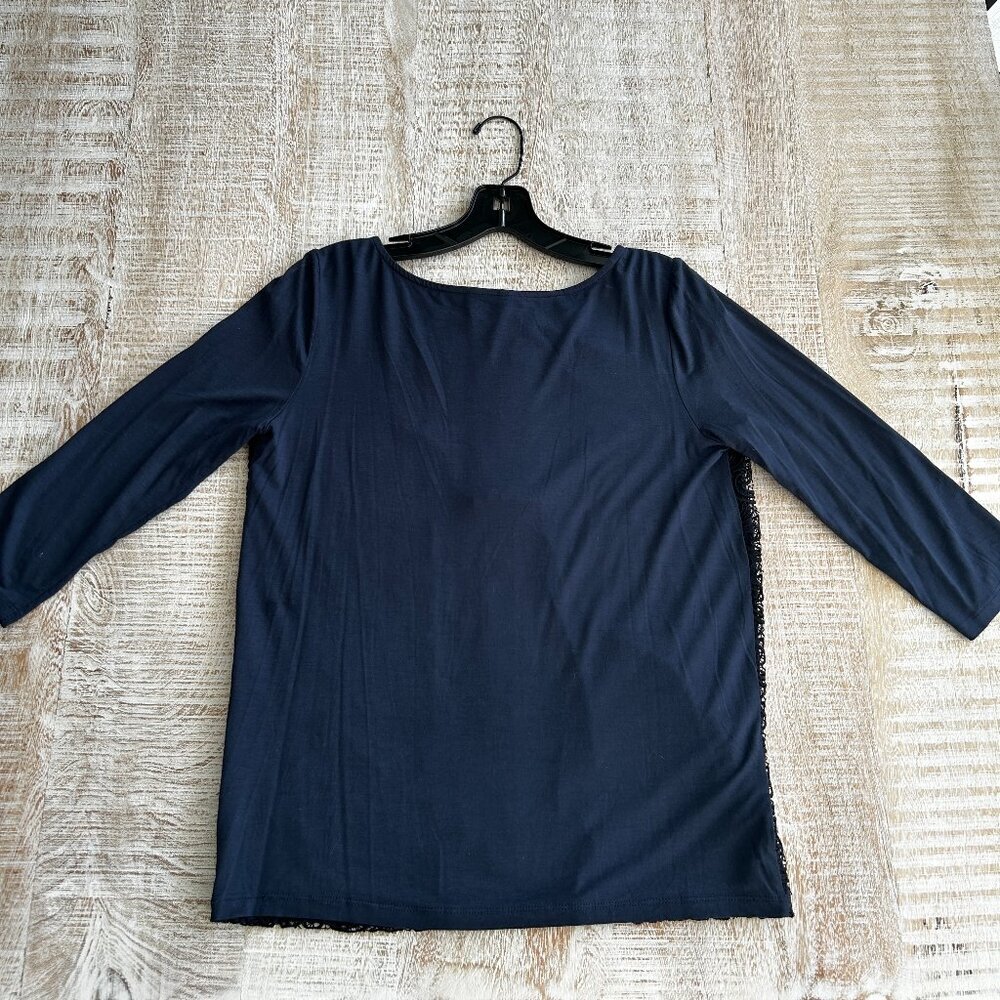 Ann Taylor Dark Blue T-Shirt Top Blouse Shirt w/Black Lace Size Small - Picture 8 of 8